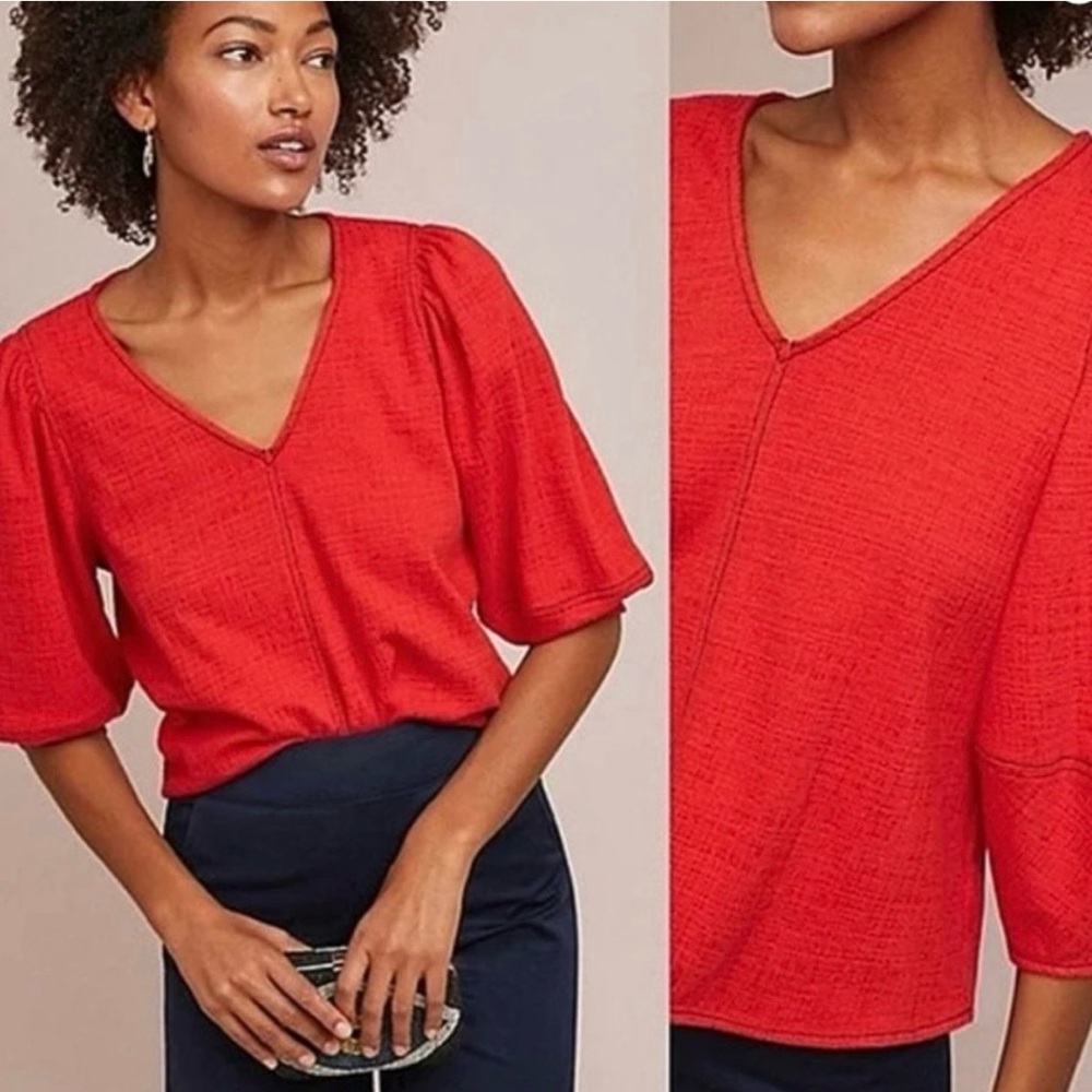 Anthropologie Current Air Delilah Puff Sleeve V-Neck, Red, Size Medium